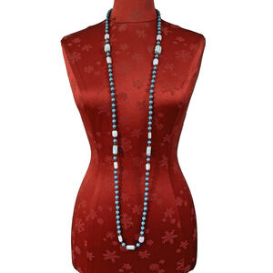 Single Strand Blue White & Gold Beaded Necklace Vintage Art Glass Opalescent